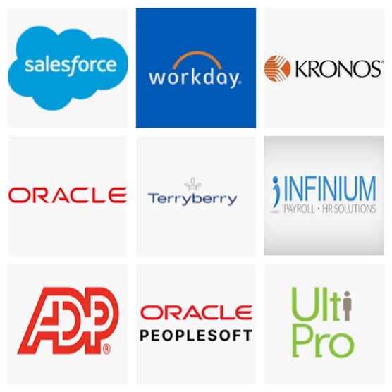 logos for business software solutions including Salesforce, Workday, Kronos, Oracle, Terryberry, Infinium, ADP, Oracle Peoplesoft, and UltiPro