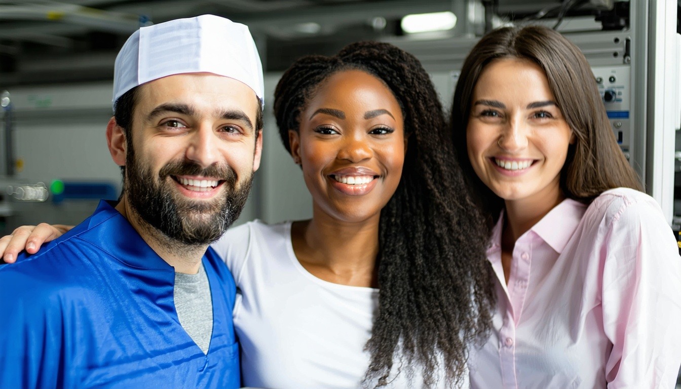 three employees, one in manufacturing, one in healthcare and one in hospitality smiling