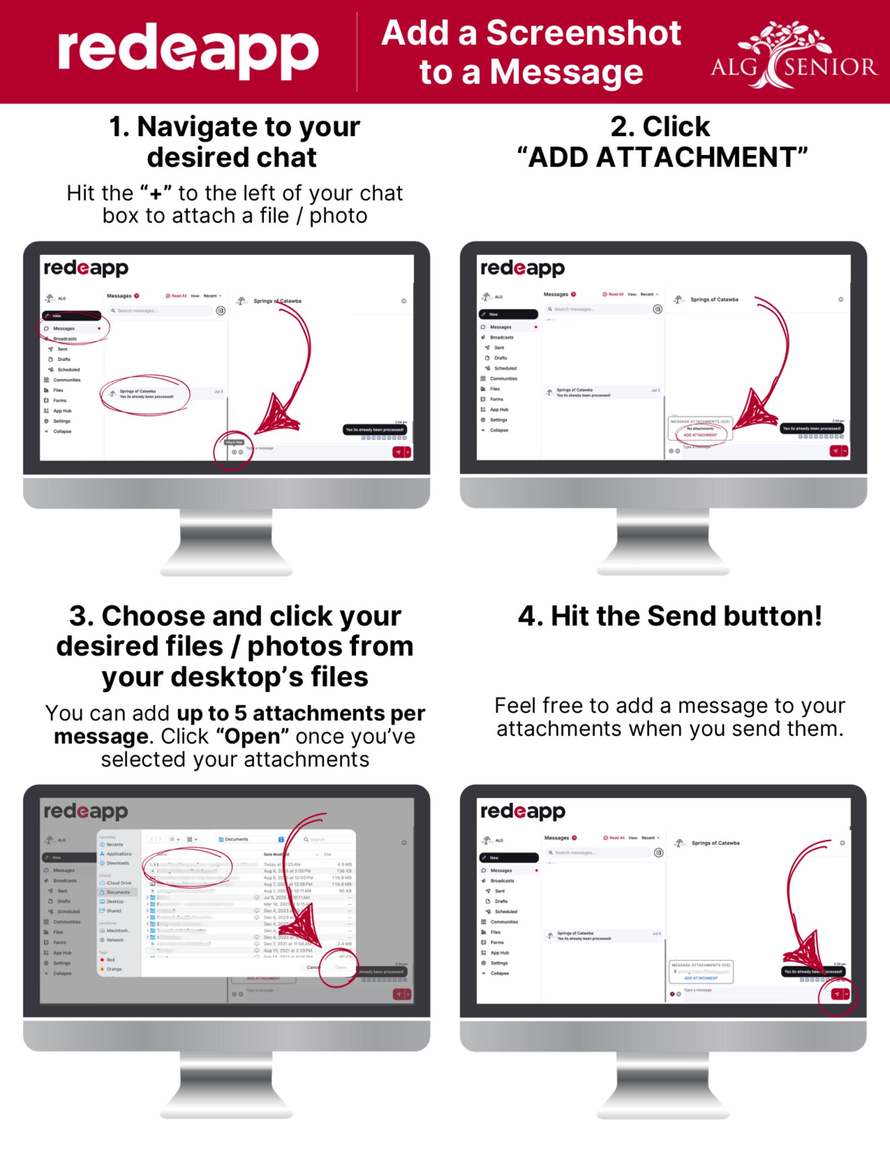 How to add a screenshot to a message in the RedeApp web app