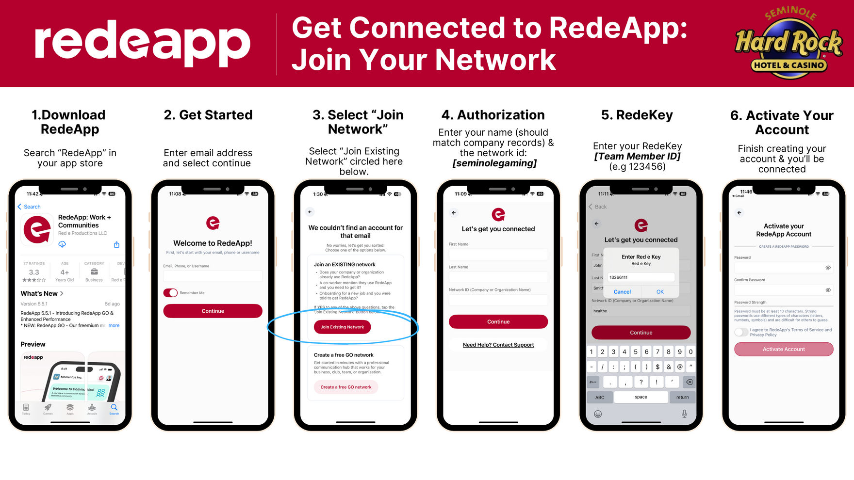 Get connected to RedeApp: manual join-network instructions for the Seminole Gaming team