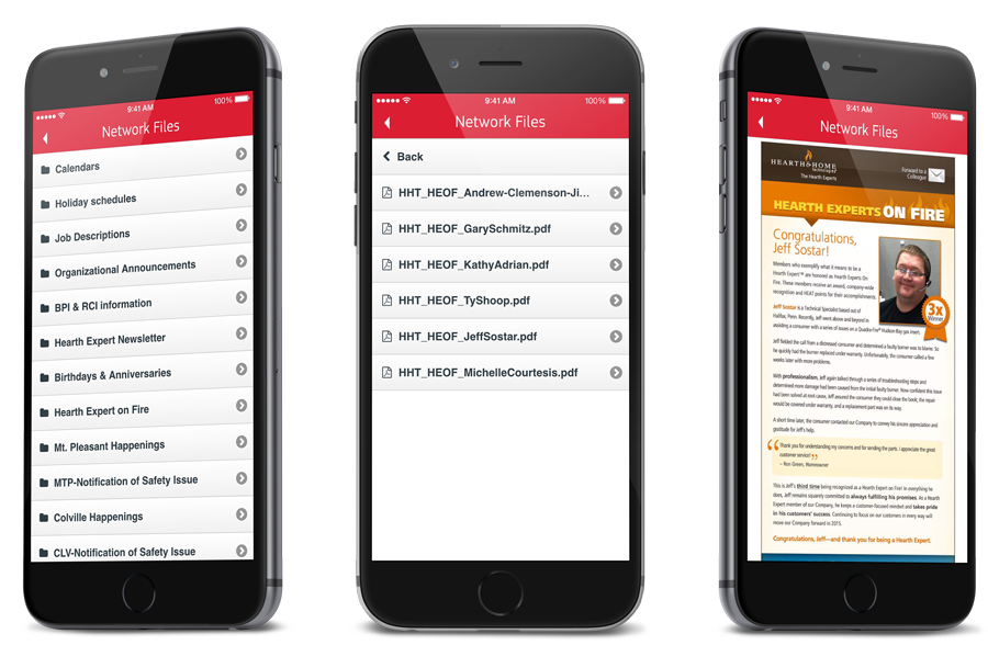 Hearth & Home Technologies uses Red e App as a repository for its Benefits documents (organized by folder) such as 401k, FSA, medical and dental. Employees also have digital access to the calendars, newsletters, job descriptions and announcements.