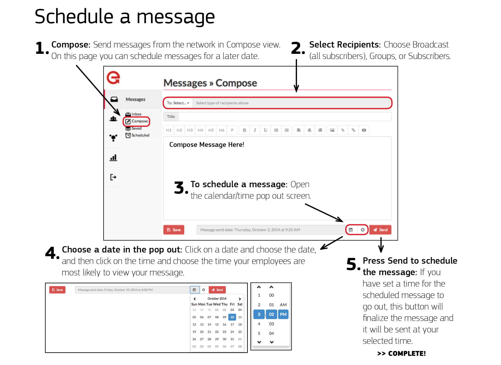 How to schedule messages in the admin portal - Red e App