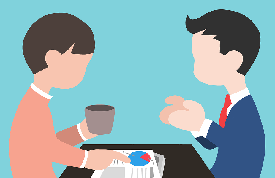 Illustration of manager and employee talking over coffee.